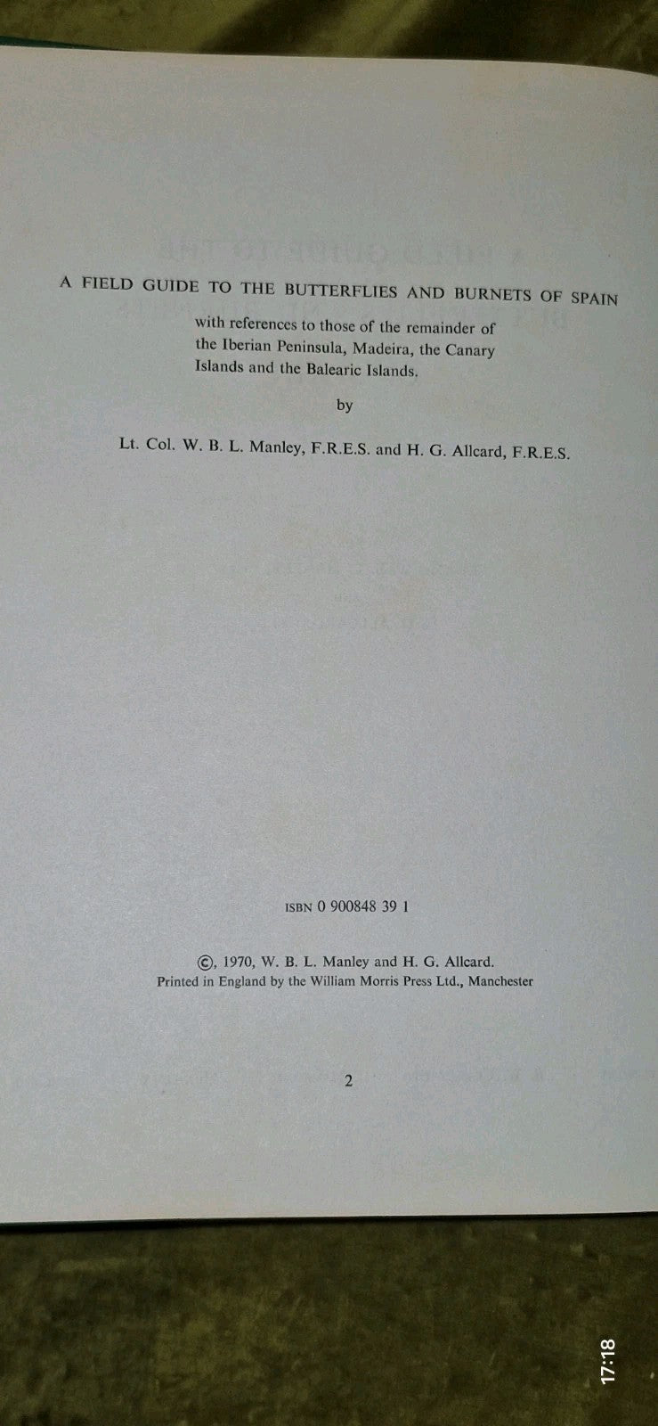 Field Guide to the Butterflies and Burnets of Spain, Manley, W.B.L.,Allcard, H.G5