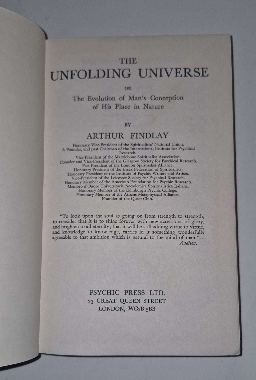 The Unfolding Universe, Findlay, J.Arthur, Psychic Press Ltd, 12th Imp. 1973 HB3