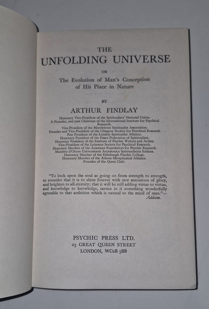 The Unfolding Universe, Findlay, J.Arthur, Psychic Press Ltd, 12th Imp. 1973 HB3