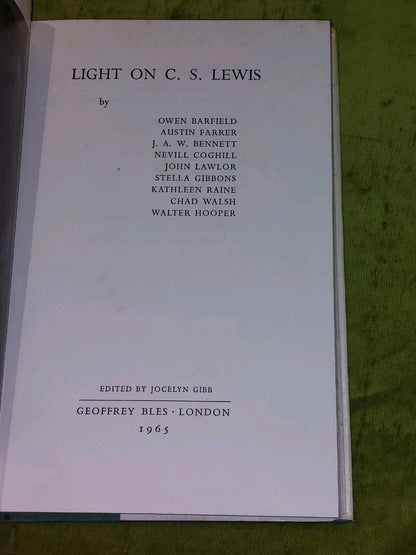 Light on C. S. Lewis, edited Jocelyn Gibb [Geoffrey Bles] 1st edition 1965 HB DJ4
