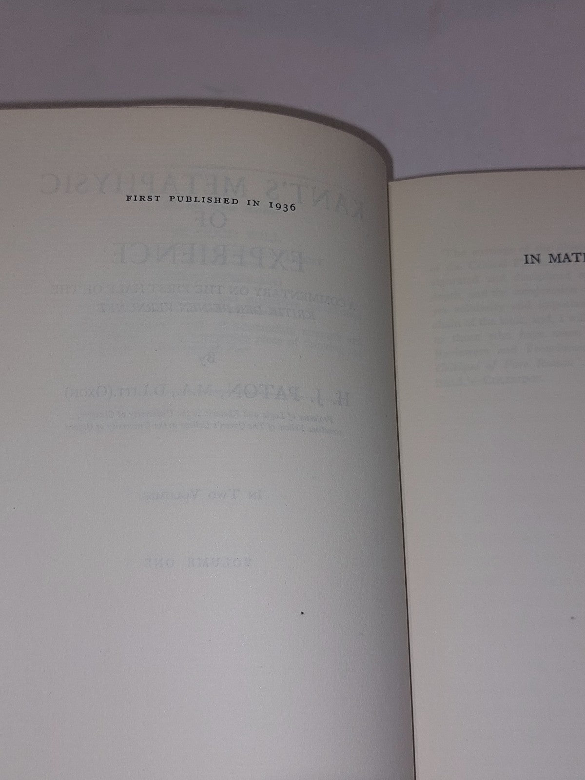 Kant's Metaphysic of Experience - H. J. Paton [Volume 1] 1936 1st Ed Hb Book4