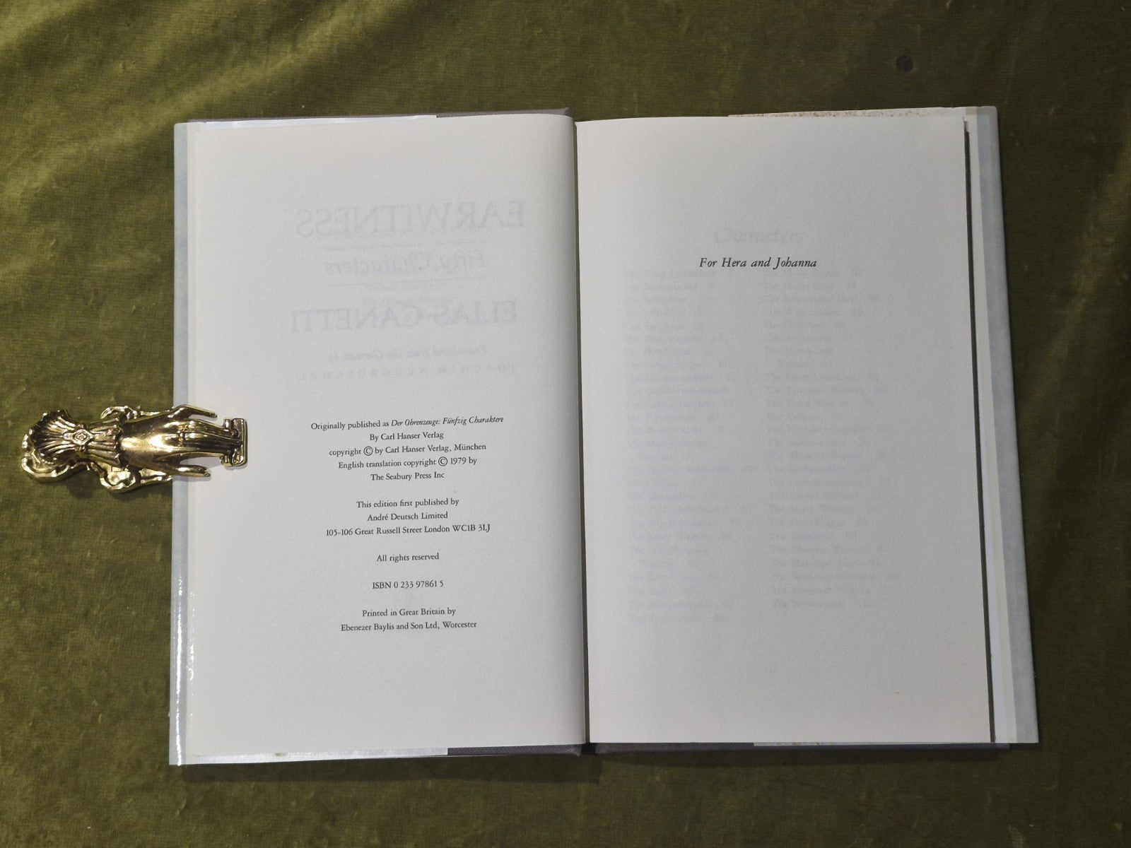 Earwitness: Fifty Characters - Elias Canetti - Andre Deutsch 1979 HB DJ5