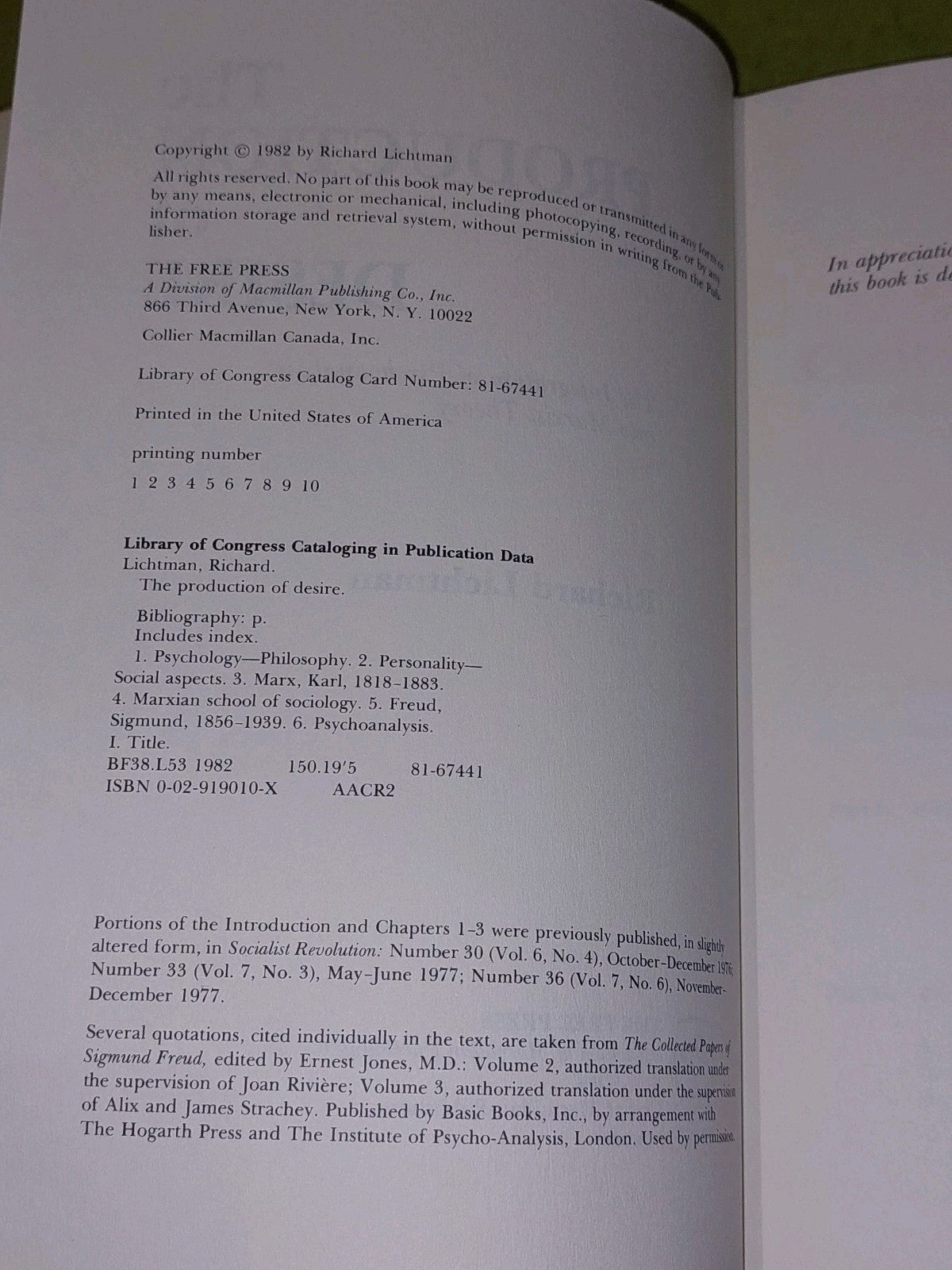 Richard Lichtman / The Production of Desire 1st Ed (1982) Hb Book With Dj5