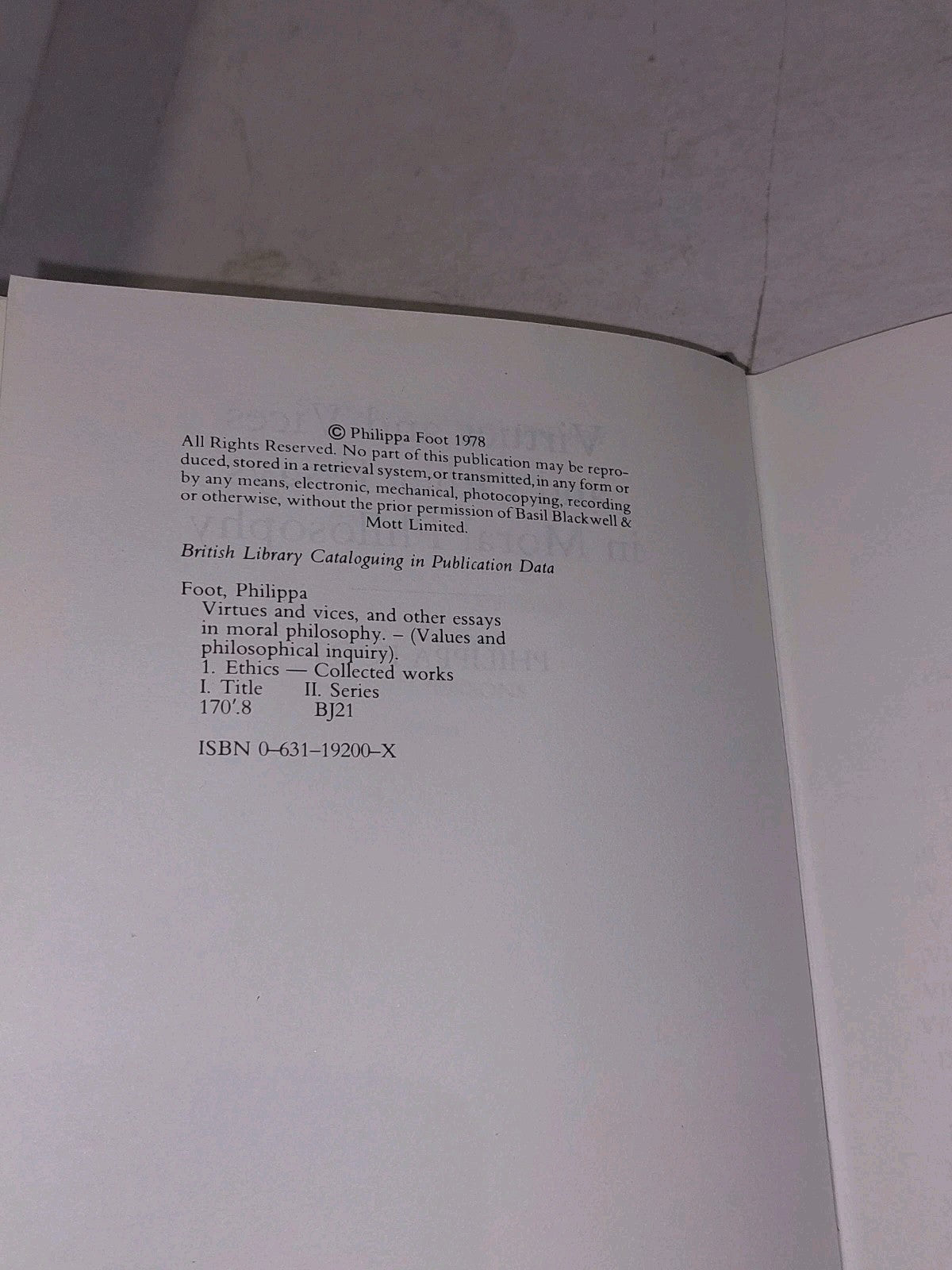 Virtues & Vices & Other Essays In Moral Philosophy Philippa Foot 1978 1st Edit5