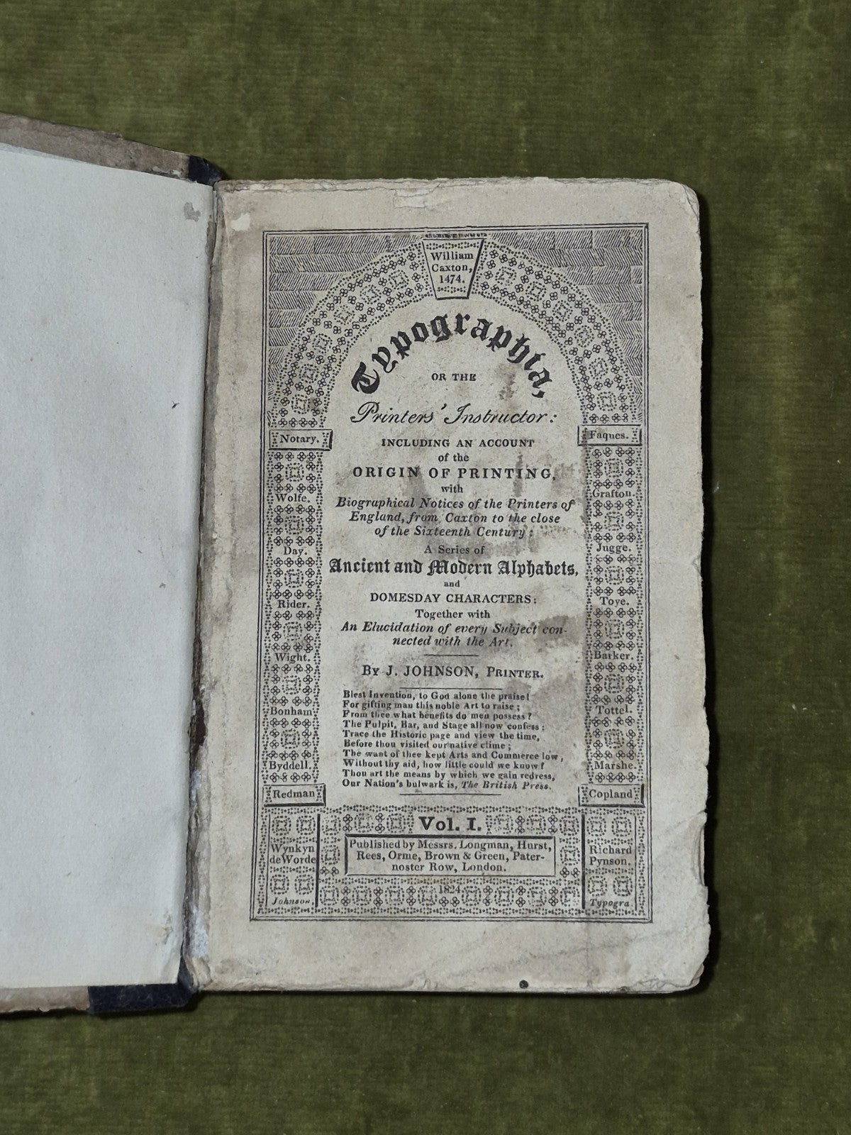 Typographia Or the Printers' Instructor - J Johnson , Longman 1824 HC0