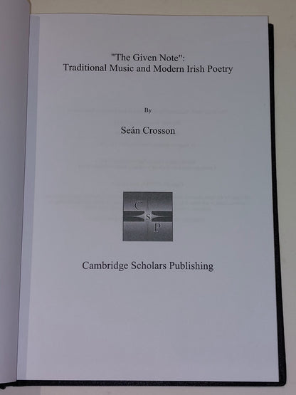 "The Given Note" Traditional Music And Modern Irish Poetry: Sean Crosson 2008 HB3