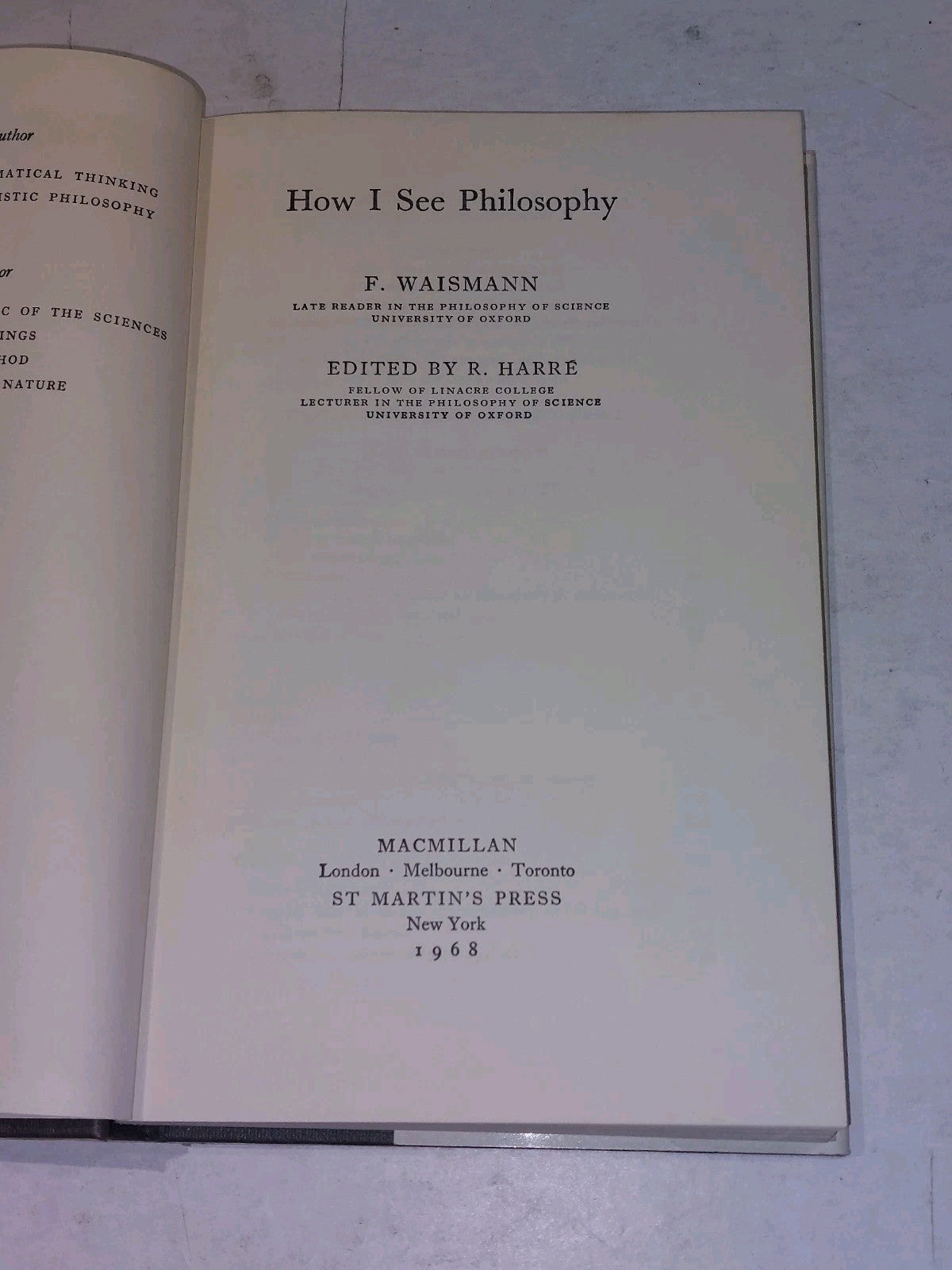 How I See Philosophy - F. Waismann & R. Harre (1968) Hb Book With Dj4