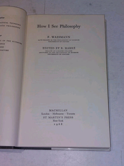 How I See Philosophy - F. Waismann & R. Harre (1968) Hb Book With Dj4