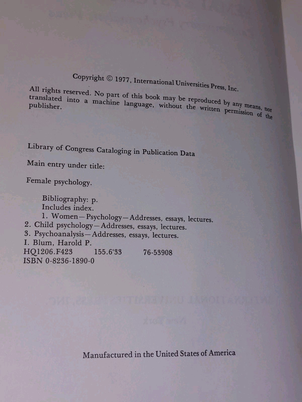 Female Psychology : Contemporary Psychoanalytic Views by Harold P. Blum 1977 Hb7