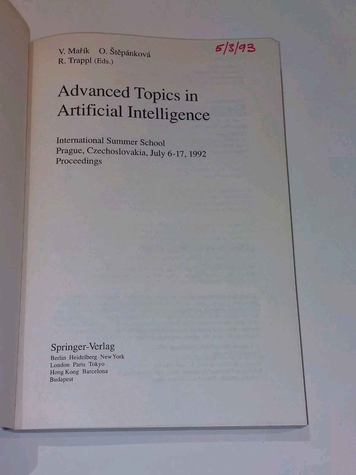 Advanced Topics in Artificial Intelligence: Stepankova, Marik, Trappl 19922
