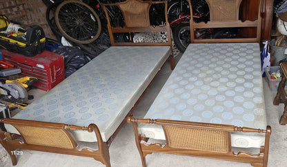 Pair Of Antique Single Beds With New Mattresses Rattan & Turned Wood Headboards 8