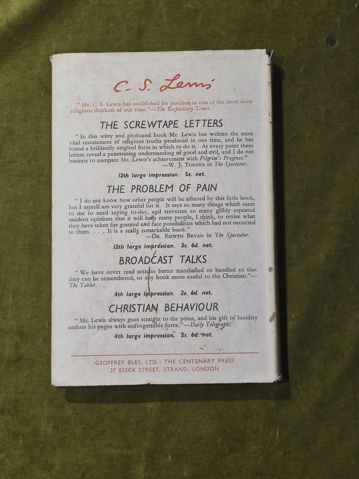 The Pilgrim's Regress C S Lewis Geoffrey Bles NEW & REVISED EDITION 1944 Reprint1