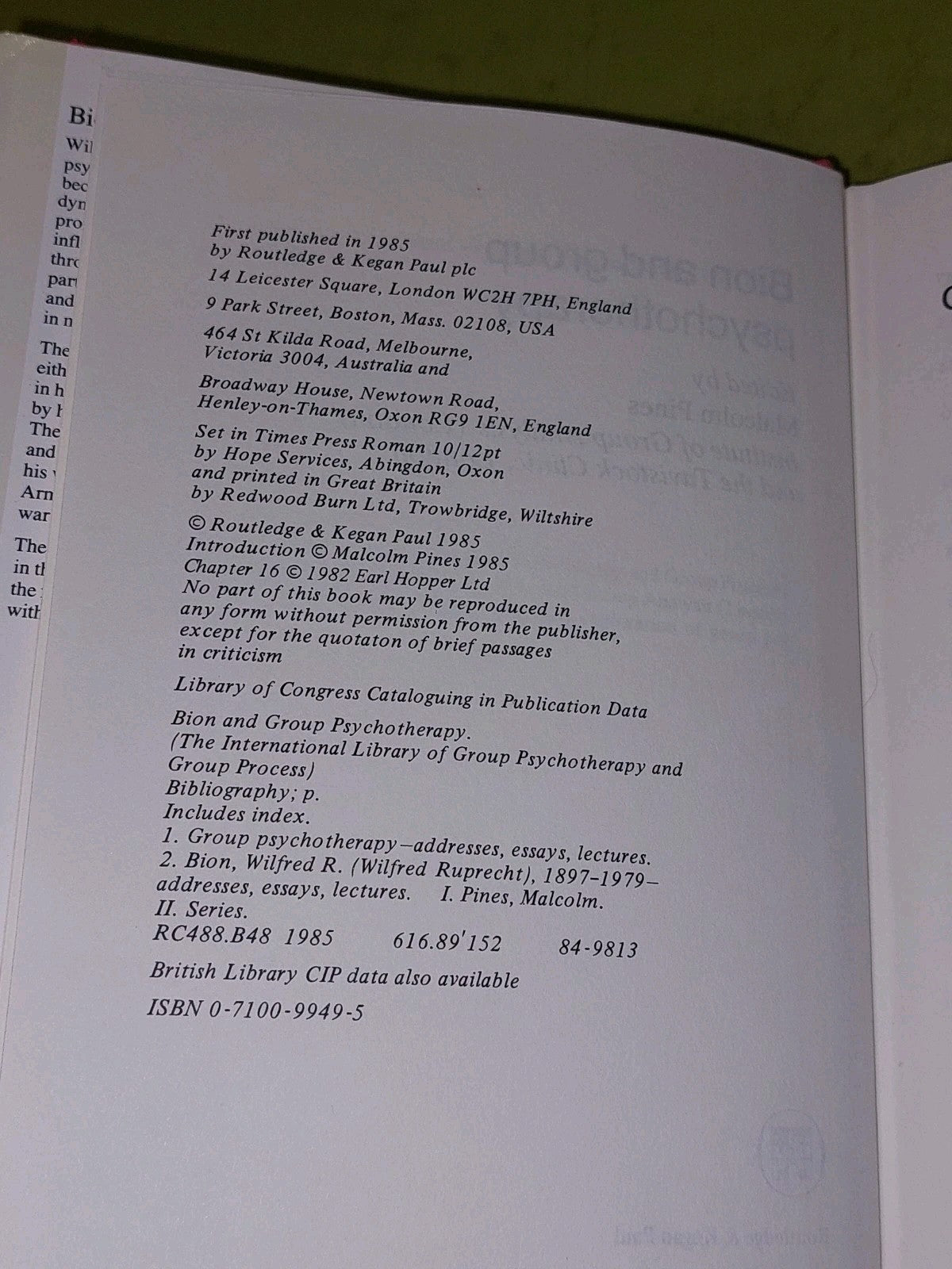 Bion and Group Psychotherapy By Malcolm Pines (1985) [Rotledge] Hb Book With Dj5