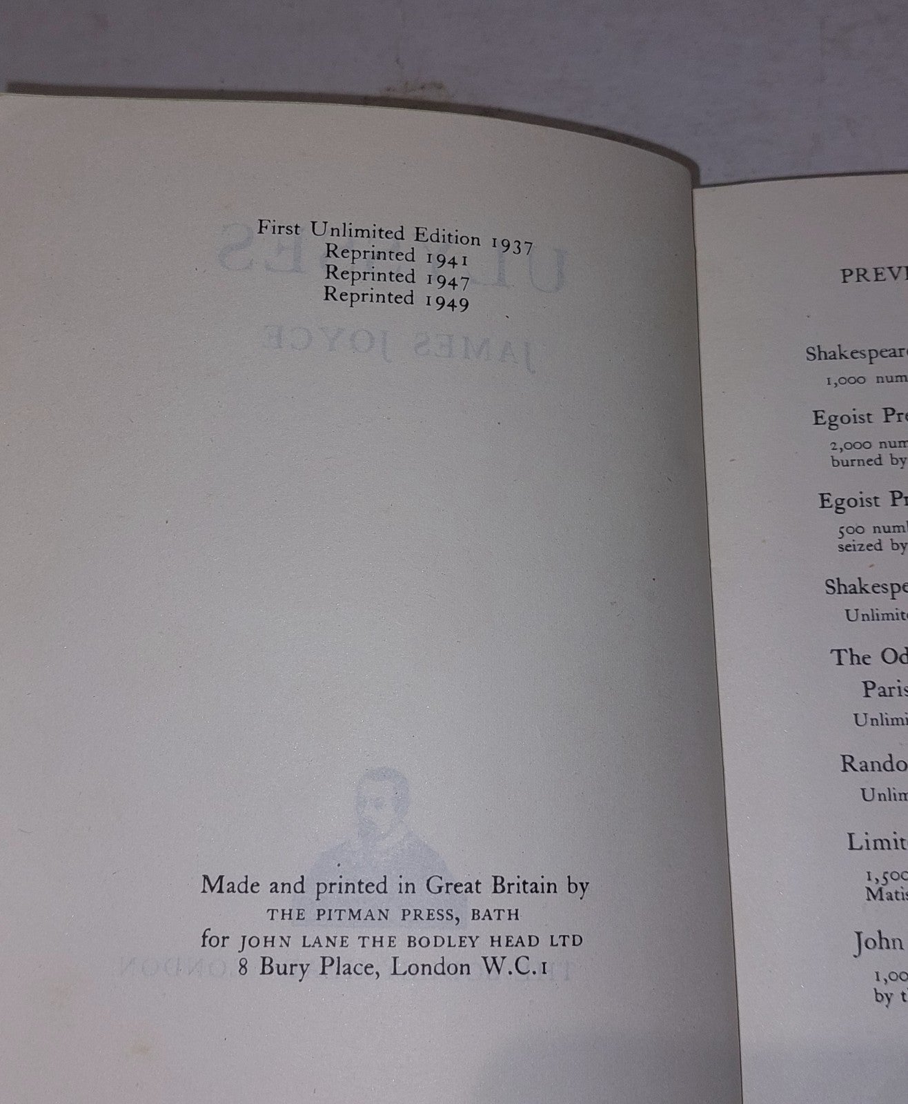 Ulysses  James Joyce  1949 hardback Bodley Head London (Unlimited edition)4