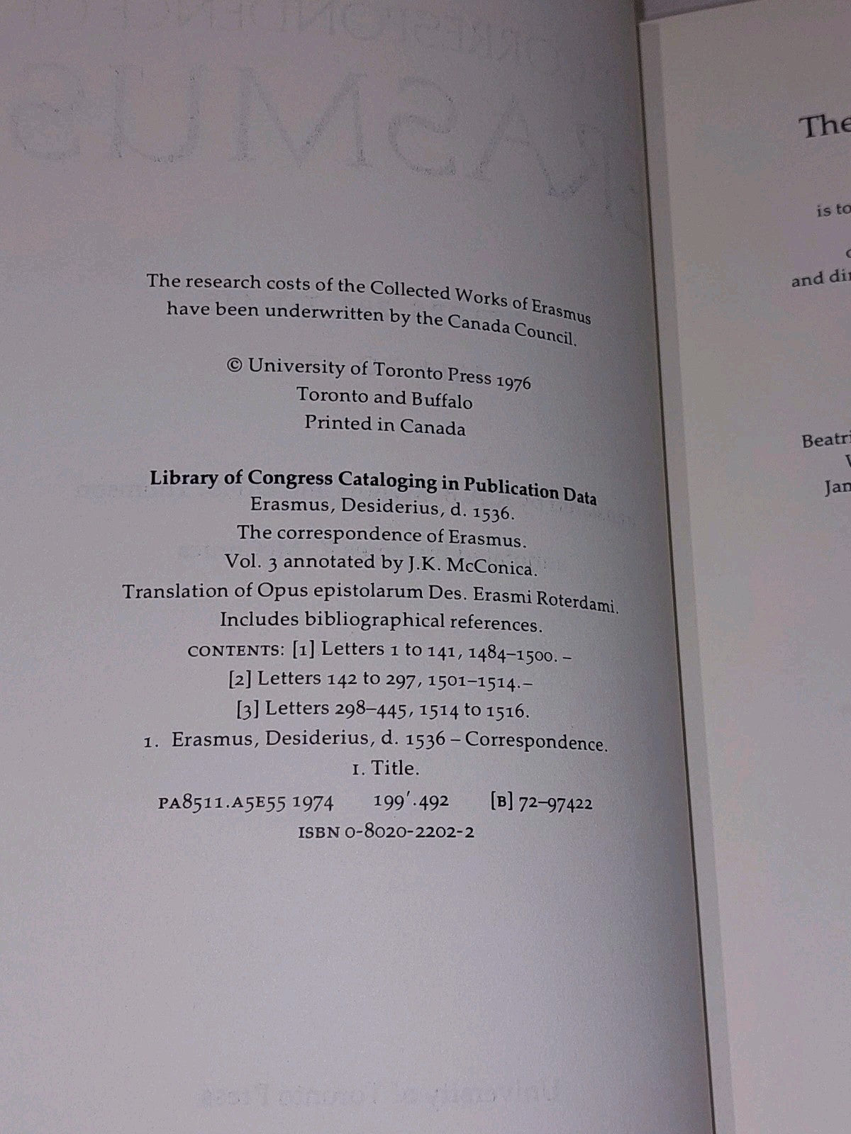 The Correspondence of Erasmus : Letters 298 to 445 [Vol. 3] 1976 Hb Book5