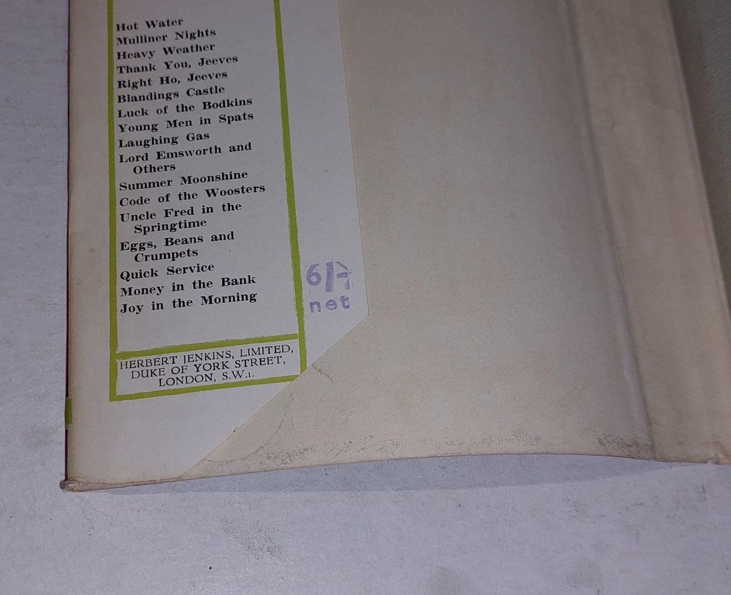 PG Wodehouse, Money In The Bank [Herbert Jenkins] 1st Ed / 1st Printing With DJ5