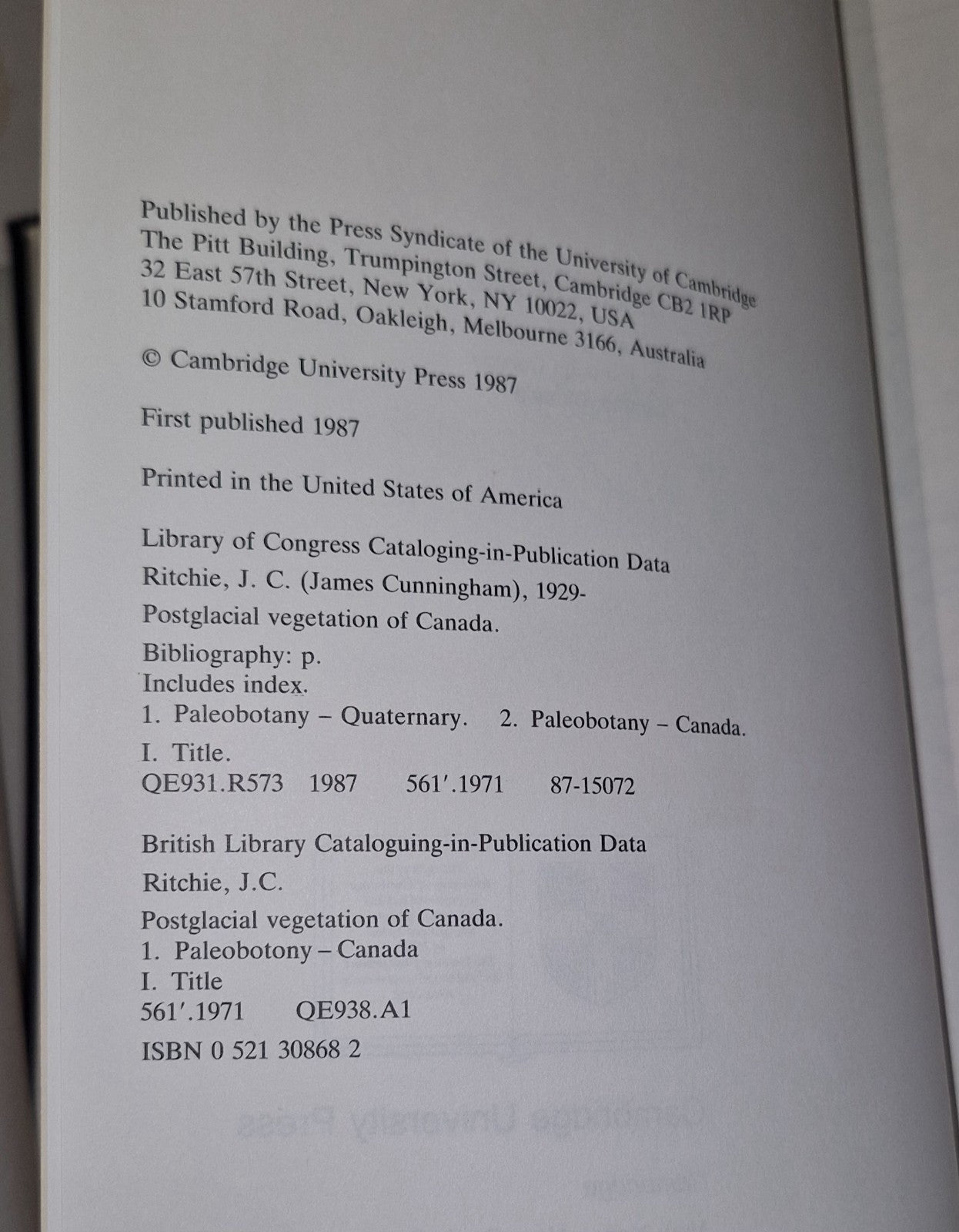 POSTGLACIAL VEGETATION OF CANADA By J. C. Ritchie (1987) Hb Book6