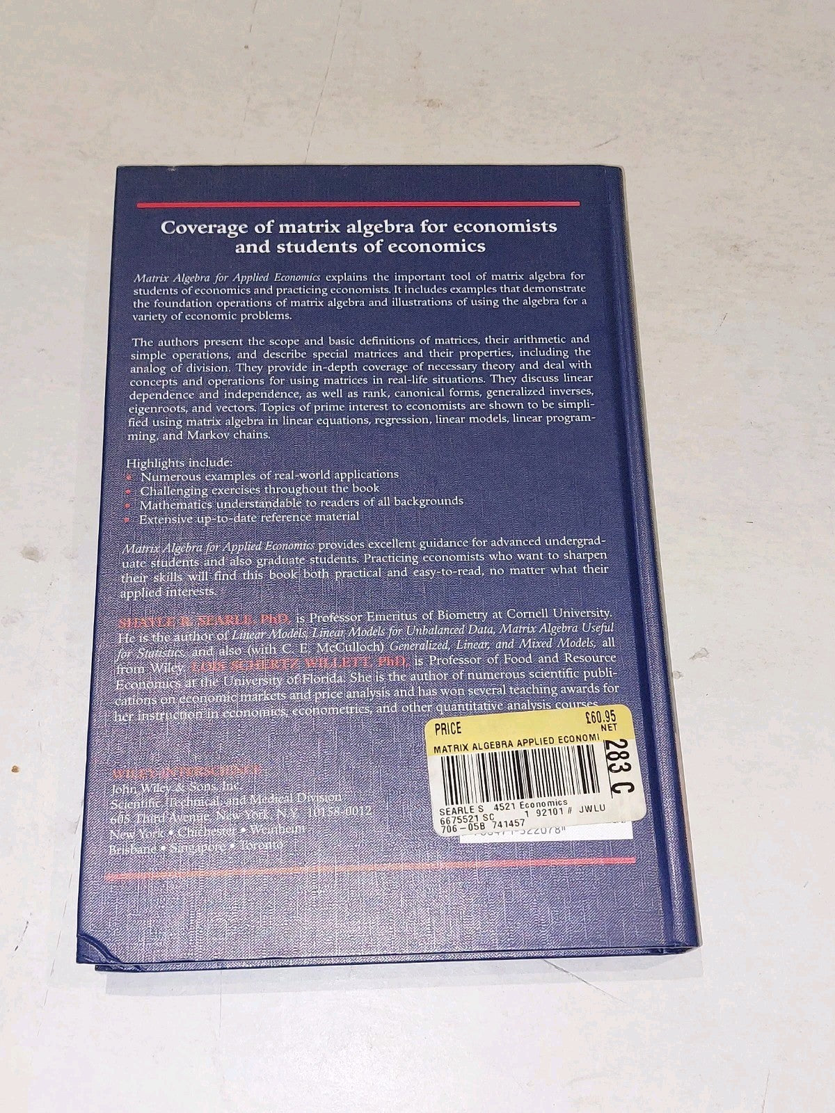 Matrix Algebra for Applied Economics by Searle, Shayle R.; Willett (2001) Hb2