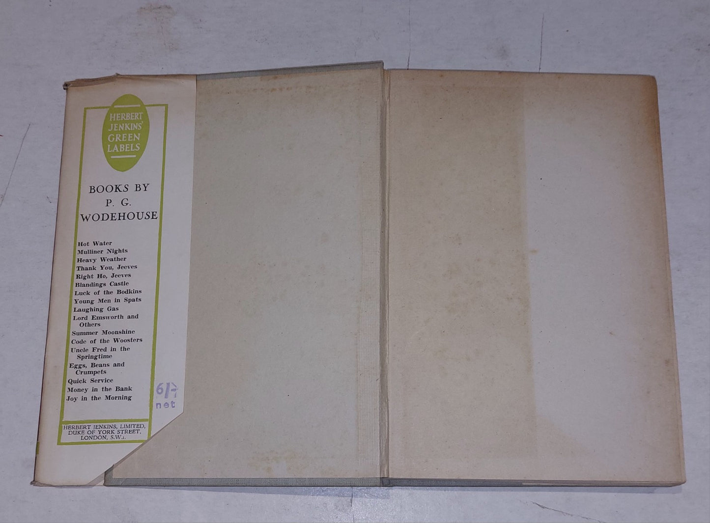 PG Wodehouse, Money In The Bank [Herbert Jenkins] 1st Ed / 1st Printing With DJ6