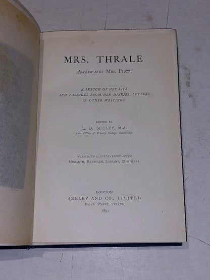 SEELEY, L. B. (LEONARD BENTON) (18311893) Mrs. Thrale (1891) Hb Book3