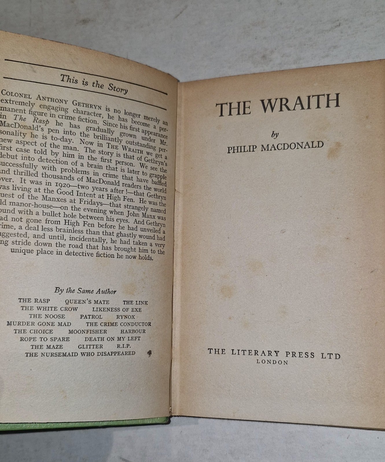 The Wraith by Philip Macdonanld, Literary Press Circa 1938 Vintage Crime Fiction5